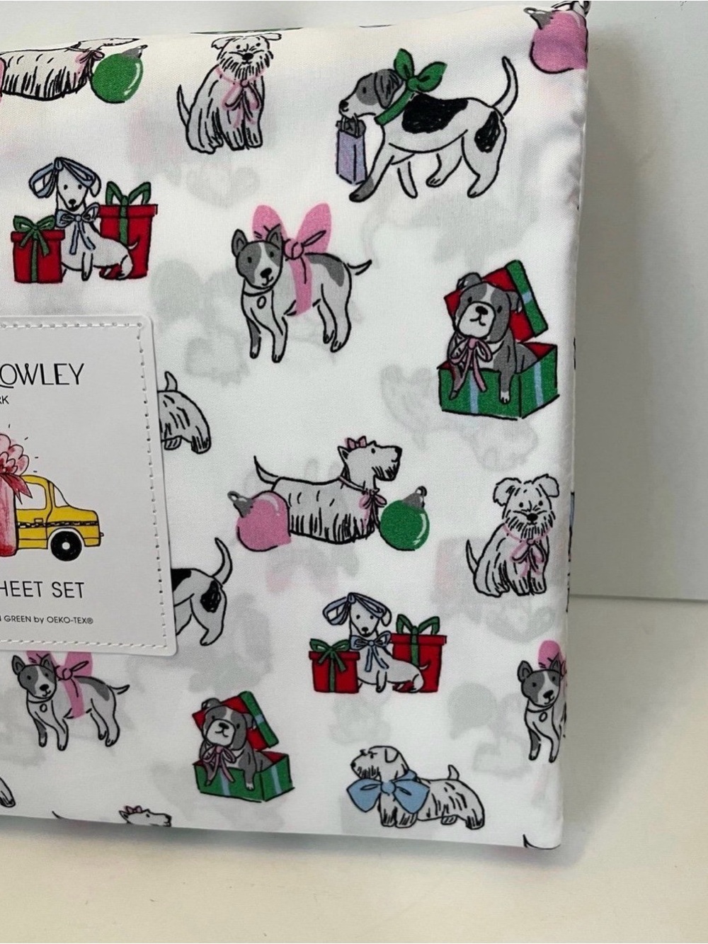 Cynthia Rowley Puppy Cheer Full Size Sheet Set Presents Bows Ornaments Gifts - Picture 5 of 11